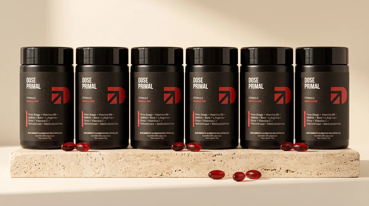 Kit com 6 potes da Dose Primal sobre pedra travertino