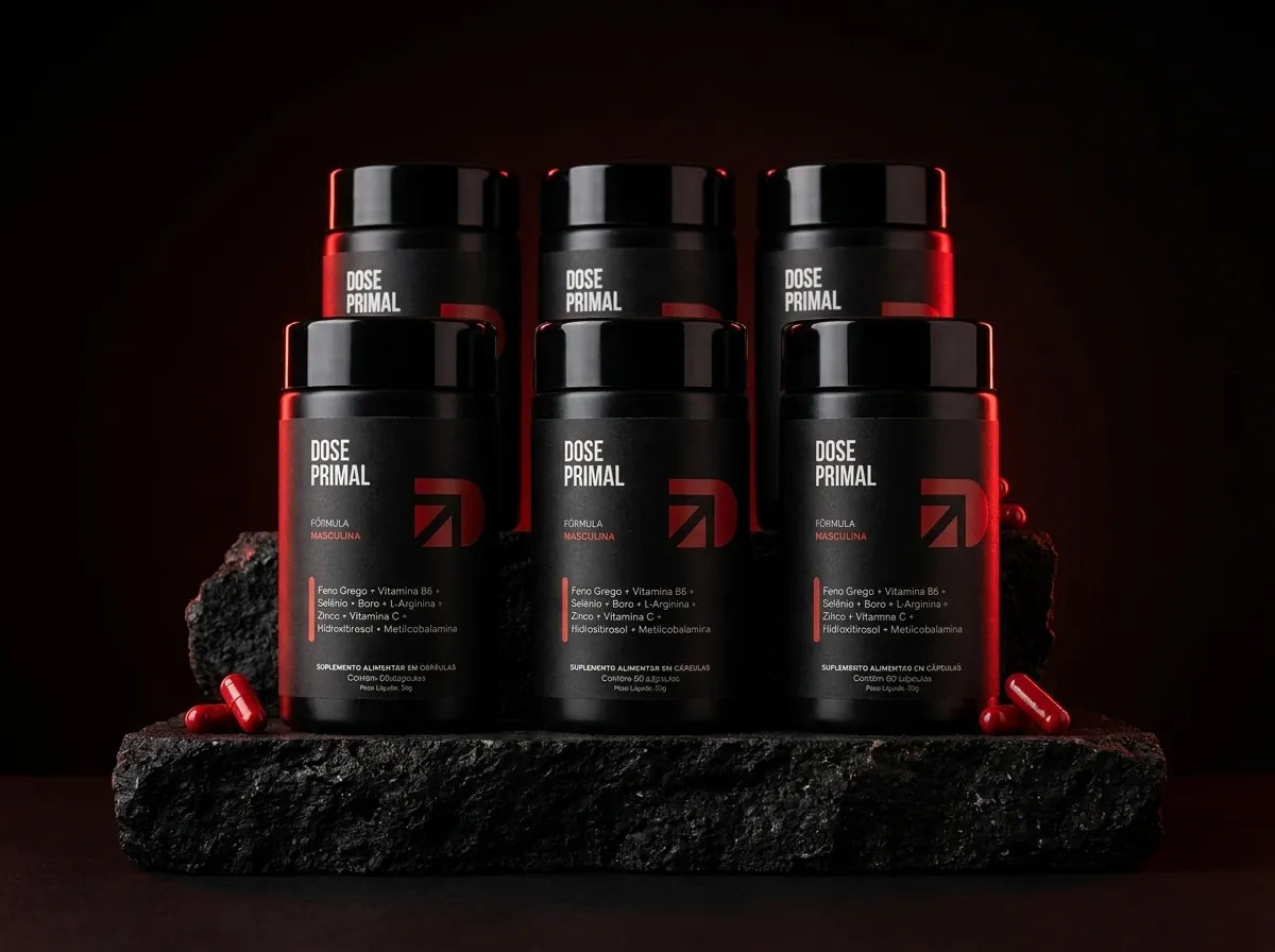 Seis potes da Dose Primal sobre pedra preta