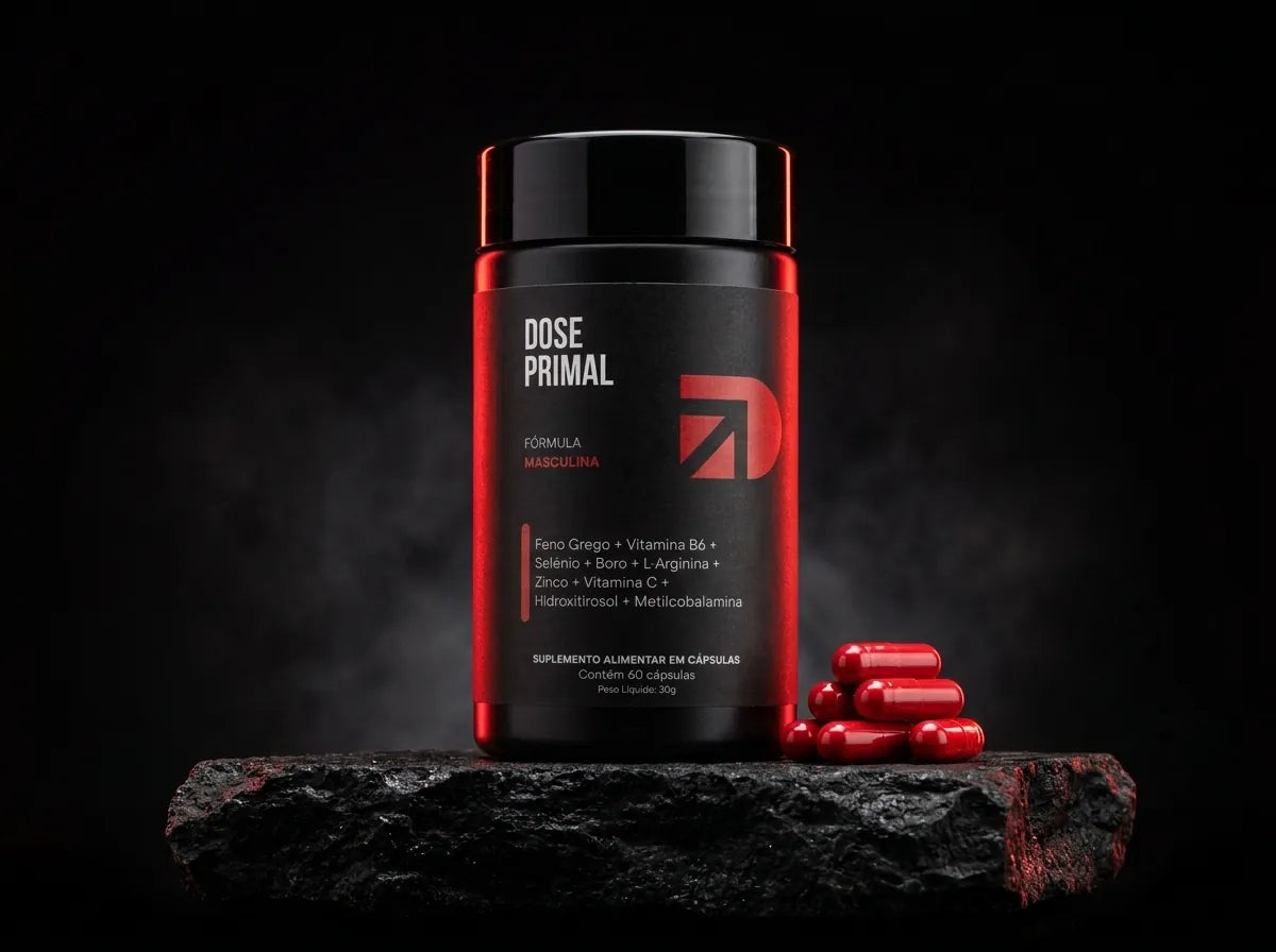 Um pote da Dose Primal sobre pedra preta, com cápsulas vermelhas