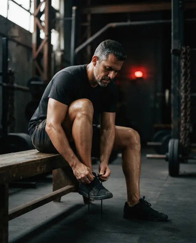 Homem de 45 anos amarrando o tênis antes do treino